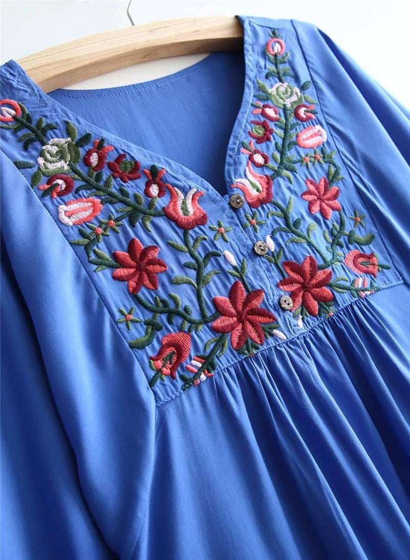 Kafeimali Women's Summer Mini Dress Bohemian Embroidery Tunic Shift Blouse (Blue) - Image 2